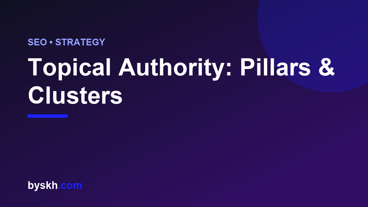 Branded byskh.com graphic on building topical authority with pillar and cluster content