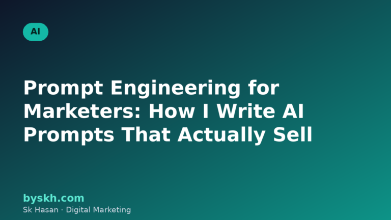 Flat illustration of a marketer building structured AI prompts that generate marketing assets