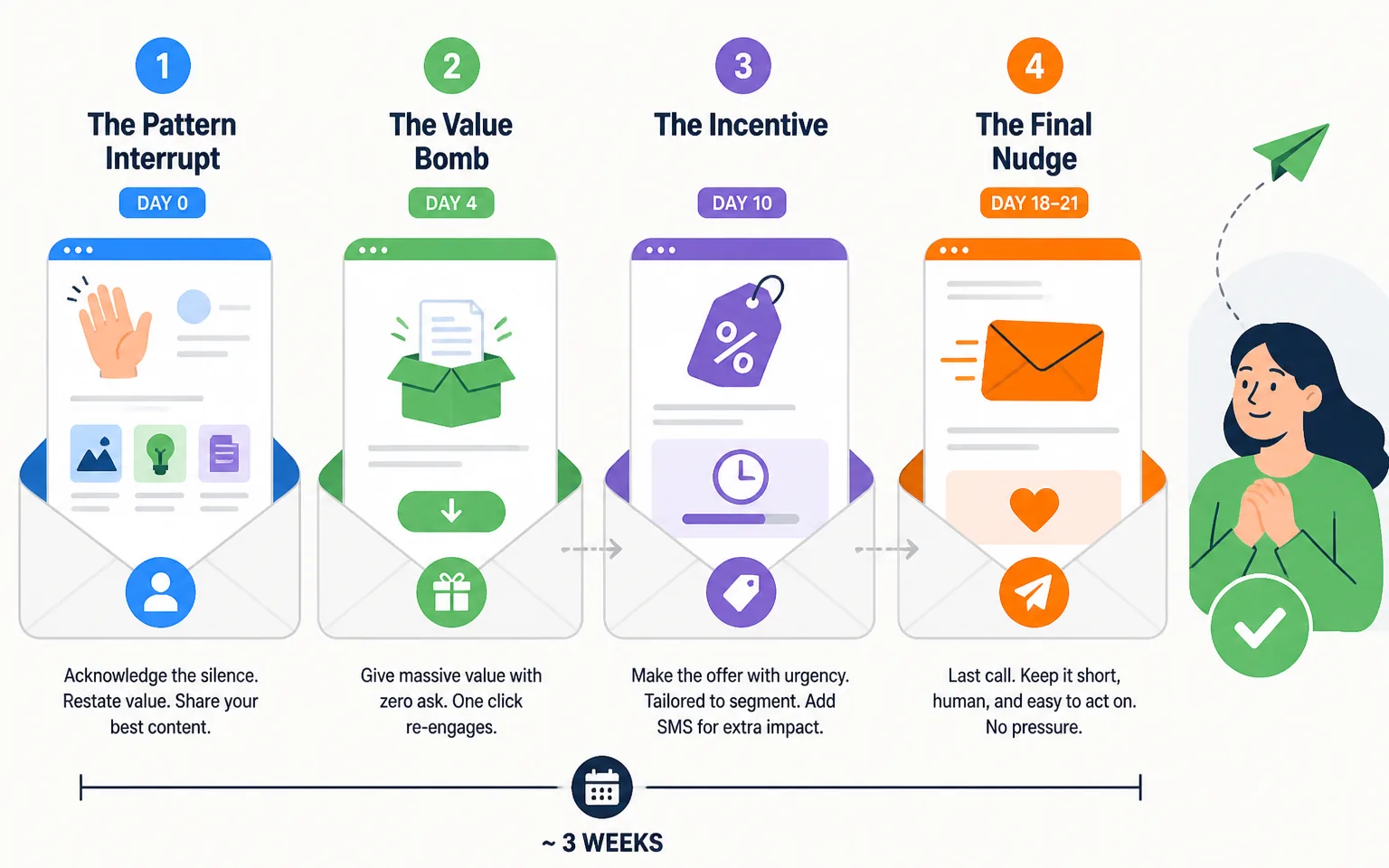 Step Three: My Four-Email Win-Back Sequence - illustration from Win-Back Email Campaigns: How I Re-Engage Inactive Subscriber