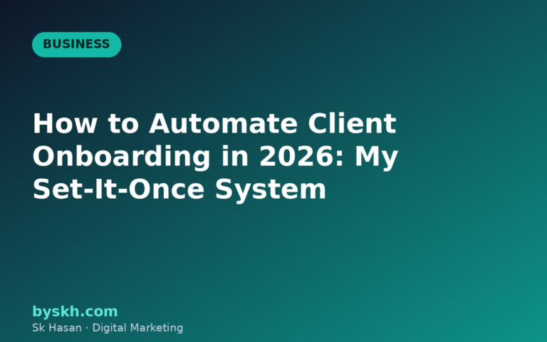 Flat illustration of an automated client onboarding workflow with handshake, checklist, calendar and email icons in blue and teal